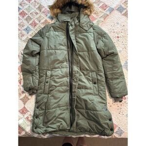 Womens Winter Coat Long Puffer Jacket Fur Hood Green Medium M